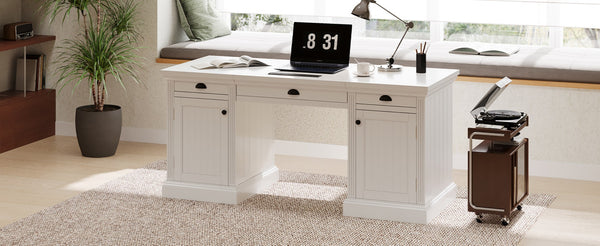 English Elm 67" White Executive Desk with Cabinet Storage Drawers and Usb Ports for Home Office N751S415500K
