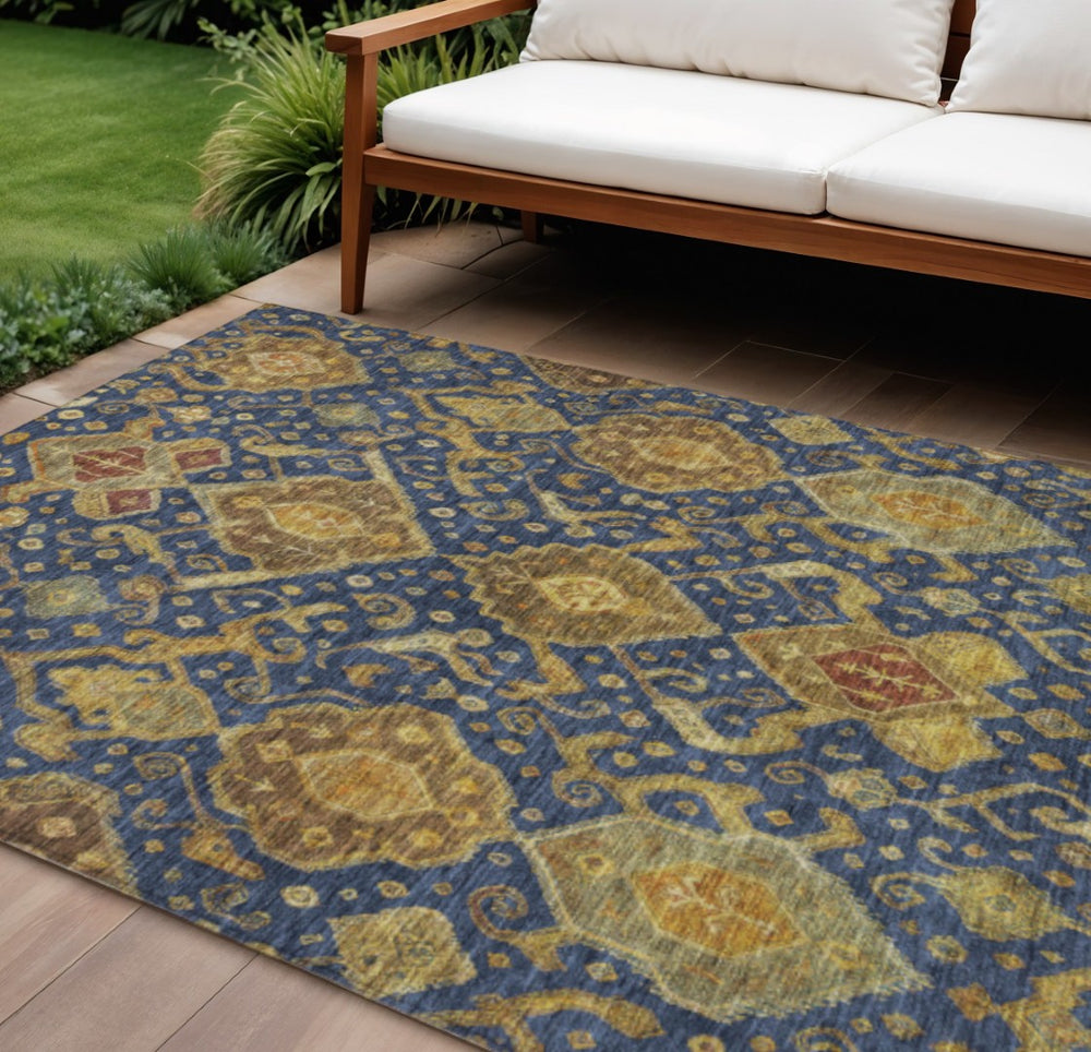 HomeRoots 10' Navy Blue & Gold Ikat Washable Area Rug - Durable, Stylish, Perfect for Indoor/Outdoor Spaces! 658590
