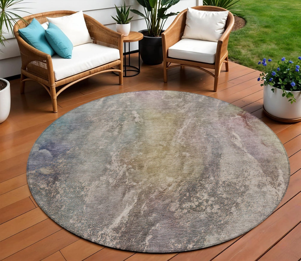 HomeRoots 8' Round Abstract Area Rug in Beige & Gray - Washable, Stain-Resistant, Stylish for Indoors & Outdoors 658593
