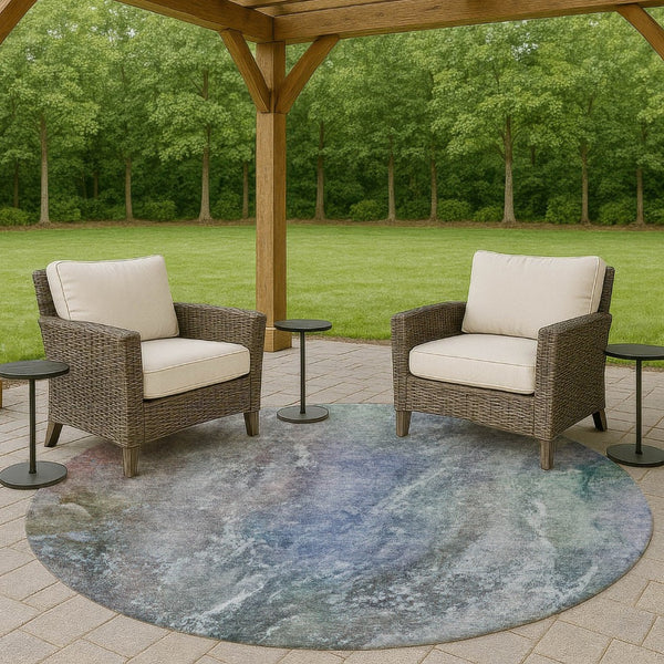 HomeRoots 8' Vibrant Round Abstract Washable Area Rug in Blue, Green & Purple for Indoor/Outdoor Spaces 658599