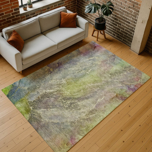 HomeRoots 5' Abstract Area Rug in Green, Pink & Gold - Washable, Durable Indoor/Outdoor Accent for Any Space 658604