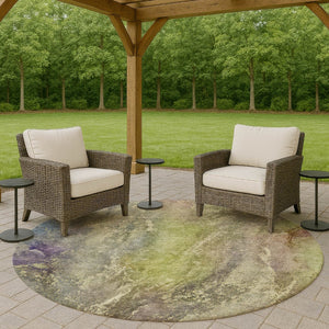 HomeRoots 8' Vibrant Green Pink Gold Round Abstract Area Rug - Stylish, Washable, Indoor/Outdoor Durability 658605