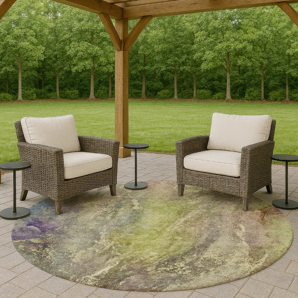 HomeRoots 8' Vibrant Green Pink Gold Round Abstract Area Rug - Stylish, Washable, Indoor/Outdoor Durability 658605