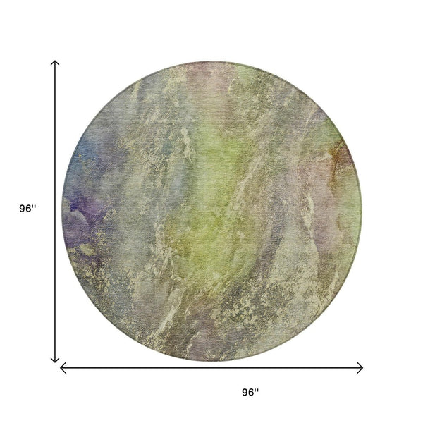 HomeRoots 8' Vibrant Green Pink Gold Round Abstract Area Rug - Stylish, Washable, Indoor/Outdoor Durability 658605
