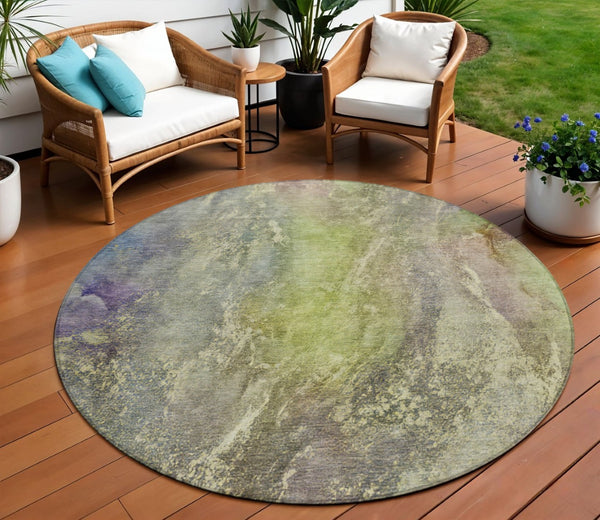 HomeRoots 8' Vibrant Green Pink Gold Round Abstract Area Rug - Stylish, Washable, Indoor/Outdoor Durability 658605