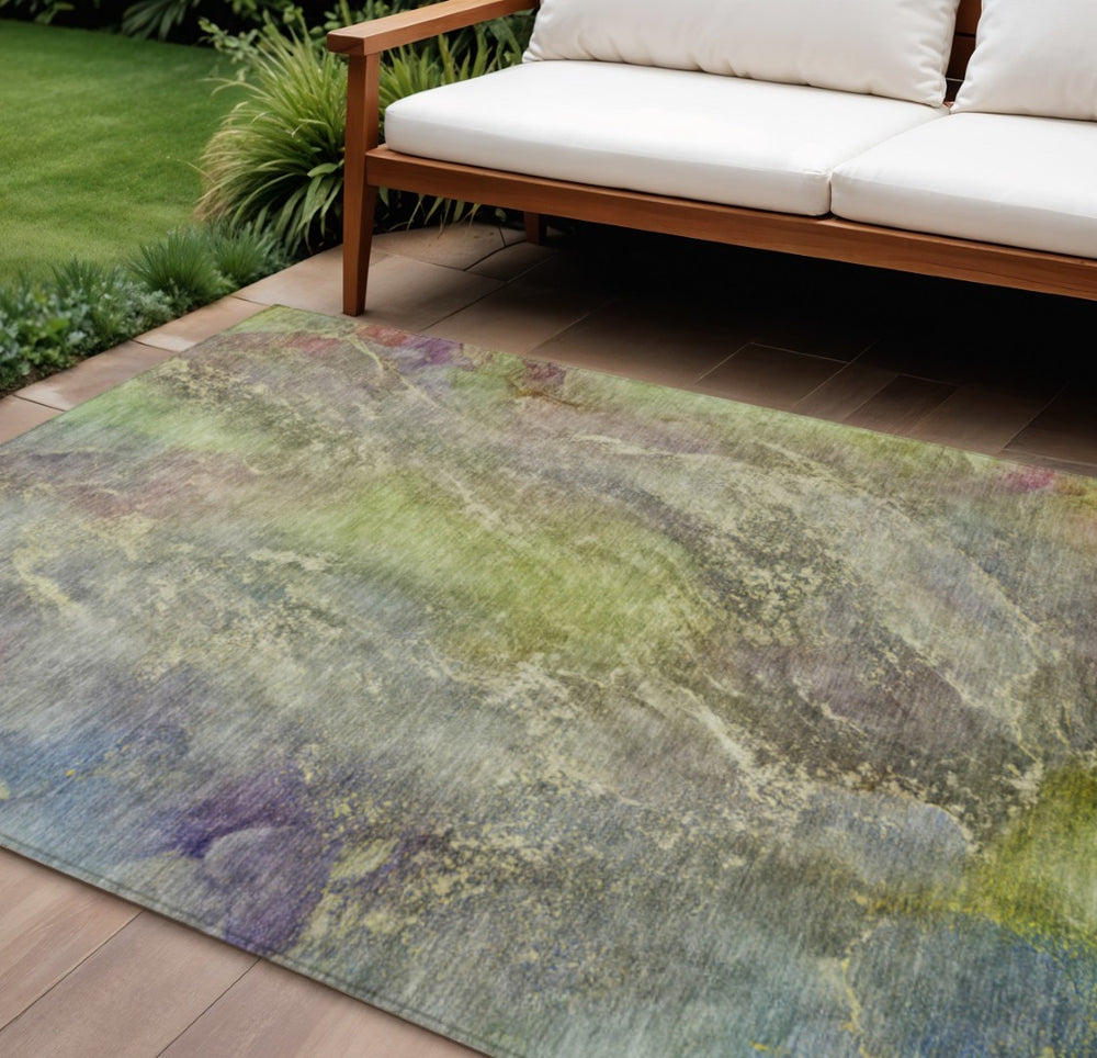 HomeRoots 8' X 10' Vibrant Green Pink Gold Abstract Washable Rug - Perfect for Indoor & Outdoor Living Spaces! 658606