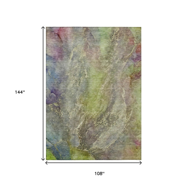 HomeRoots 9' X 12' Washable Abstract Area Rug in Green, Pink & Gold – Stylish, Durable for Indoor/Outdoor Use 658607
