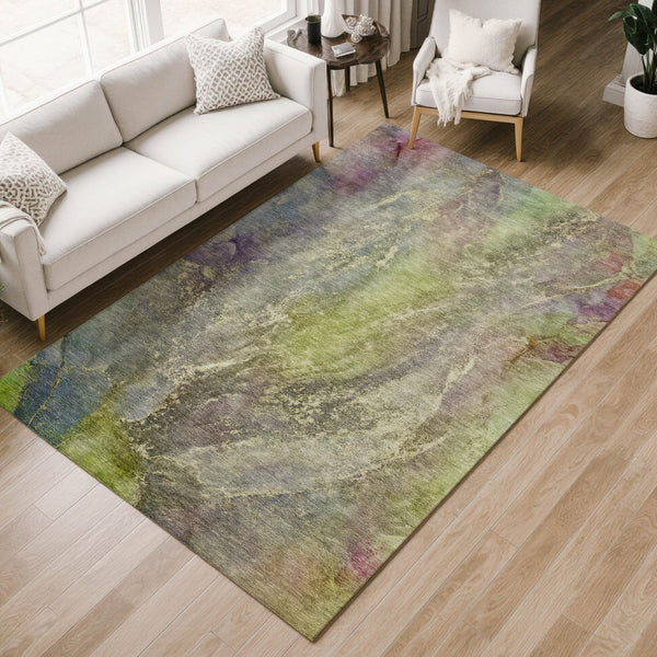 HomeRoots 10' Vibrant Green, Pink & Gold Abstract Area Rug - Washable, Stain-Resistant for Indoor & Outdoor Use 658608