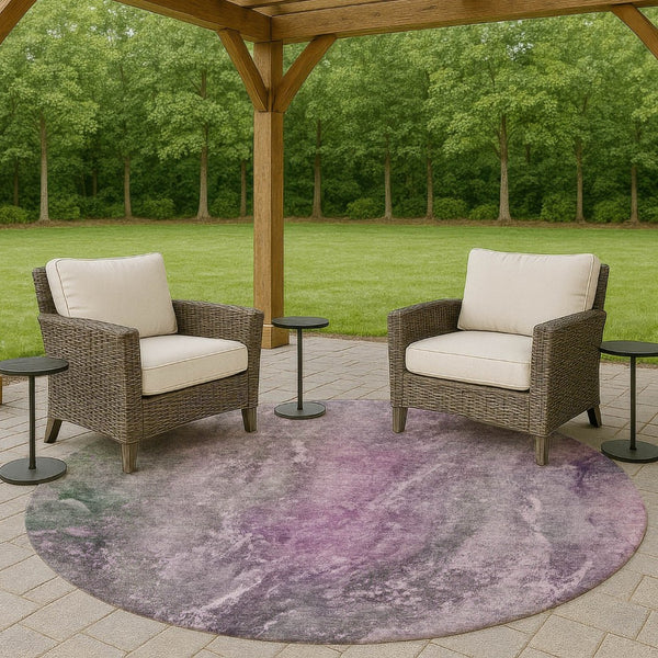 HomeRoots 8' Plum and Ivory Round Area Rug - Abstract Geometric Design, Washable, Indoor/Outdoor Versatility! 658617