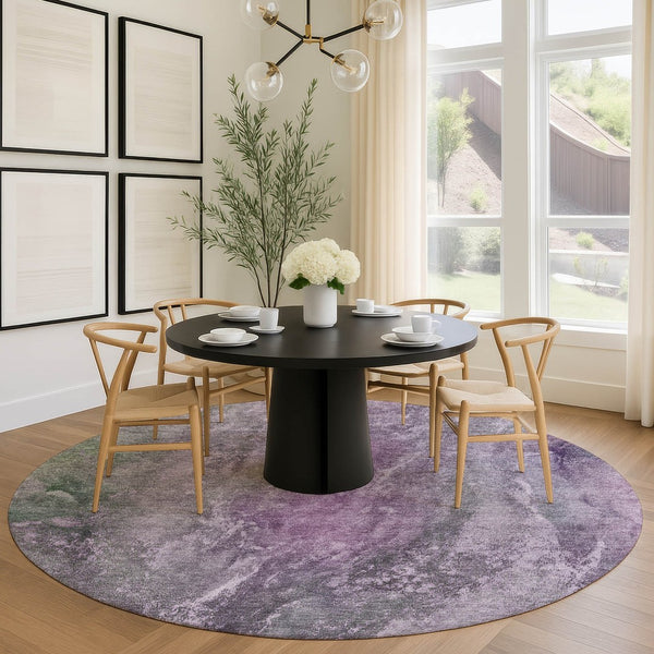 HomeRoots 8' Plum and Ivory Round Area Rug - Abstract Geometric Design, Washable, Indoor/Outdoor Versatility! 658617
