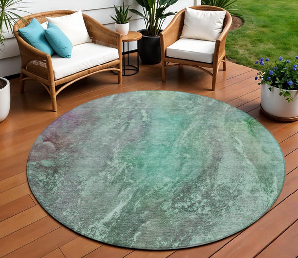 HomeRoots 8' Teal Blue and Purple Abstract Round Rug - Stylish, Durable, Washable for Indoor & Outdoor Spaces 658623