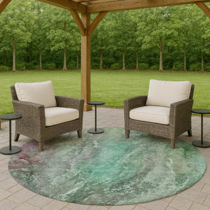 HomeRoots 8' Teal Blue and Purple Abstract Round Rug - Stylish, Durable, Washable for Indoor & Outdoor Spaces 658623