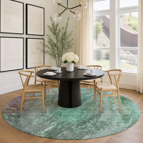 HomeRoots 8' Teal Blue and Purple Abstract Round Rug - Stylish, Durable, Washable for Indoor & Outdoor Spaces 658623