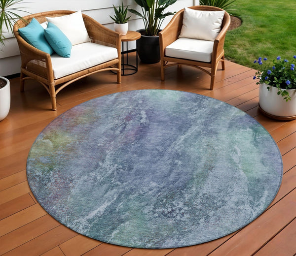 HomeRoots 8' Stylish Blue, Gray & Green Round Abstract Washable Area Rug for Indoor & Outdoor Spaces 658629
