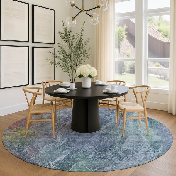 HomeRoots 8' Stylish Blue, Gray & Green Round Abstract Washable Area Rug for Indoor & Outdoor Spaces 658629