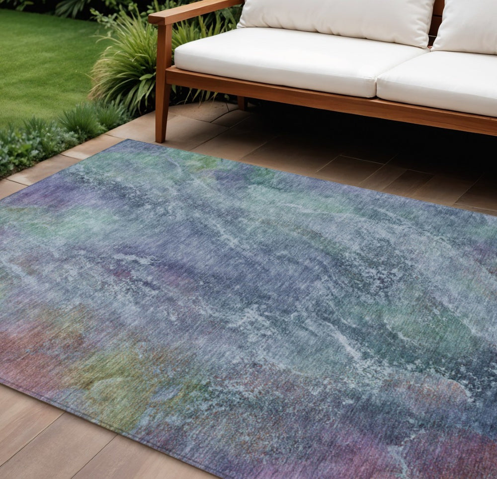 HomeRoots 10' Washable Blue-Gray & Green Abstract Area Rug for Indoor/Outdoor Use – Durable & Stylish Design 658632