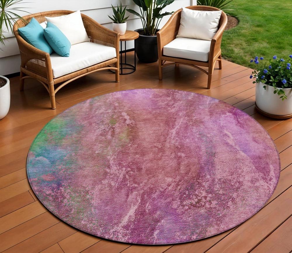 HomeRoots 8' Blush Green and Purple Round Abstract Washable Area Rug - Stylish, Durable, Indoor & Outdoor Use 658635