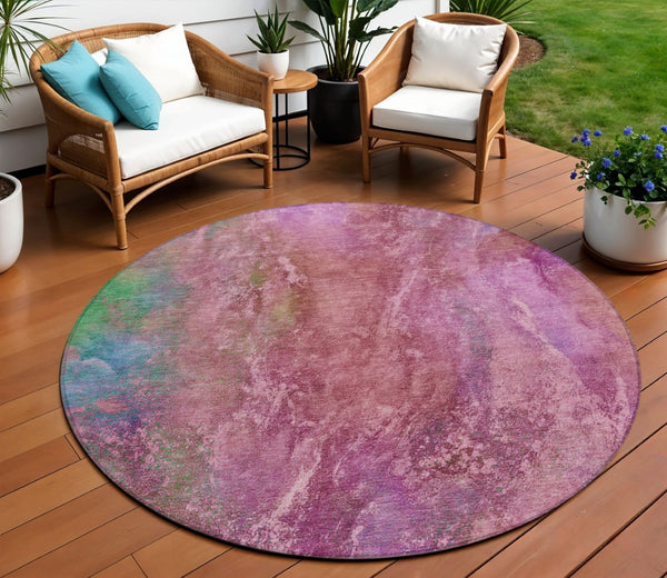 HomeRoots 8' Blush Green and Purple Round Abstract Washable Area Rug - Stylish, Durable, Indoor & Outdoor Use 658635