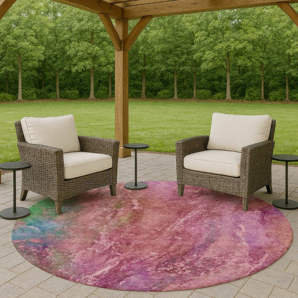 HomeRoots 8' Blush Green and Purple Round Abstract Washable Area Rug - Stylish, Durable, Indoor & Outdoor Use 658635