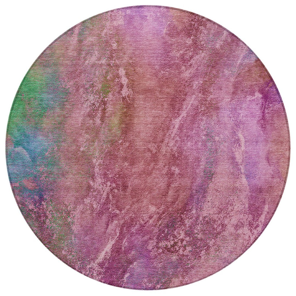 HomeRoots 8' Blush Green and Purple Round Abstract Washable Area Rug - Stylish, Durable, Indoor & Outdoor Use 658635