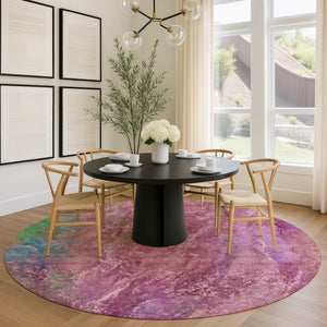 HomeRoots 8' Blush Green and Purple Round Abstract Washable Area Rug - Stylish, Durable, Indoor & Outdoor Use 658635