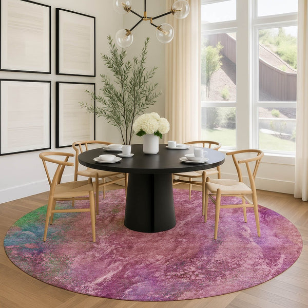 HomeRoots 8' Blush Green and Purple Round Abstract Washable Area Rug - Stylish, Durable, Indoor & Outdoor Use 658635