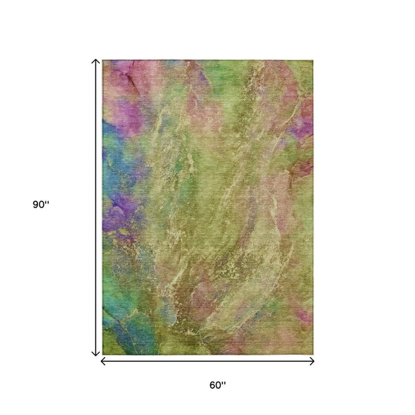 HomeRoots 5' Washable Abstract Area Rug in Green, Pink & Blue – Modern Indoor & Outdoor Design for Any Space 658640