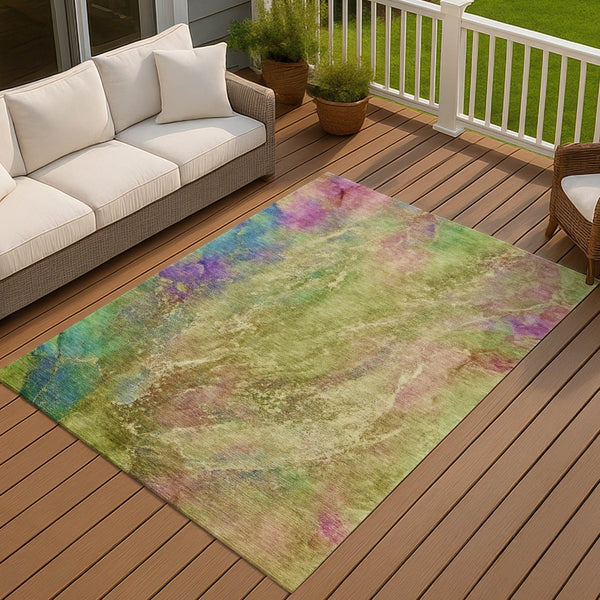 HomeRoots 8' X 10' Vibrant Green Pink Blue Abstract Washable Area Rug for Indoor & Outdoor Spaces, Durable Design 658642