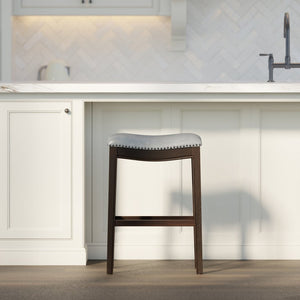 English Elm 31in. Hardwood Barstool Nailhead Faux Leather Seat Club Style Kitchen Island Seating Gray B2751P436411