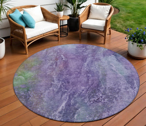 HomeRoots 8' Vibrant Purple and Green Abstract Round Area Rug - Washable, Durable, Indoor/Outdoor Accent Decor 658647