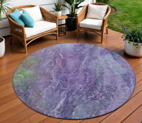 HomeRoots 8' Vibrant Purple and Green Abstract Round Area Rug - Washable, Durable, Indoor/Outdoor Accent Decor 658647