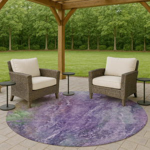 HomeRoots 8' Vibrant Purple and Green Abstract Round Area Rug - Washable, Durable, Indoor/Outdoor Accent Decor 658647