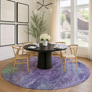 HomeRoots 8' Vibrant Purple and Green Abstract Round Area Rug - Washable, Durable, Indoor/Outdoor Accent Decor 658647