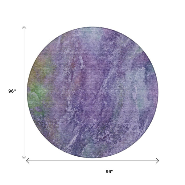 HomeRoots 8' Vibrant Purple and Green Abstract Round Area Rug - Washable, Durable, Indoor/Outdoor Accent Decor 658647