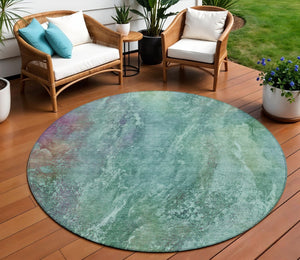 HomeRoots 8' Vibrant Teal Blue Green Purple Round Abstract Washable Area Rug for Indoor & Outdoor Use 658653