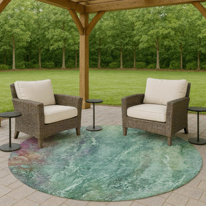 HomeRoots 8' Vibrant Teal Blue Green Purple Round Abstract Washable Area Rug for Indoor & Outdoor Use 658653