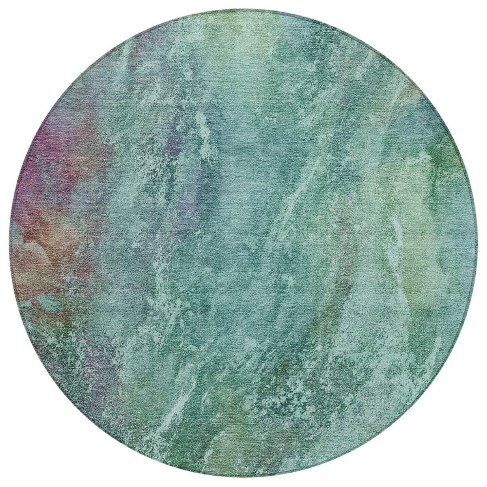 HomeRoots 8' Vibrant Teal Blue Green Purple Round Abstract Washable Area Rug for Indoor & Outdoor Use 658653
