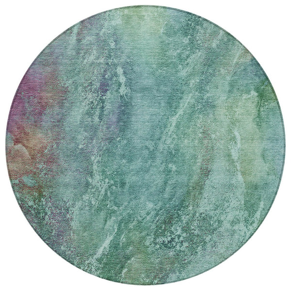 HomeRoots 8' Vibrant Teal Blue Green Purple Round Abstract Washable Area Rug for Indoor & Outdoor Use 658653