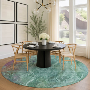 HomeRoots 8' Vibrant Teal Blue Green Purple Round Abstract Washable Area Rug for Indoor & Outdoor Use 658653