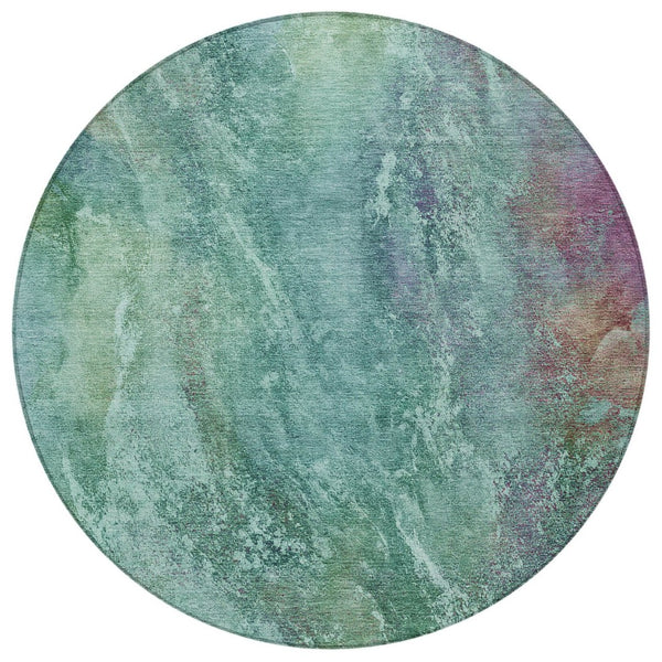 HomeRoots 8' Vibrant Teal Blue Green Purple Round Abstract Washable Area Rug for Indoor & Outdoor Use 658653