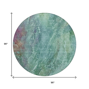 HomeRoots 8' Vibrant Teal Blue Green Purple Round Abstract Washable Area Rug for Indoor & Outdoor Use 658653