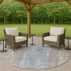 HomeRoots 8' Round Abstract Beige and Blue Washable Area Rug for Indoor and Outdoor Living Spaces, Durable & Stylish 658659