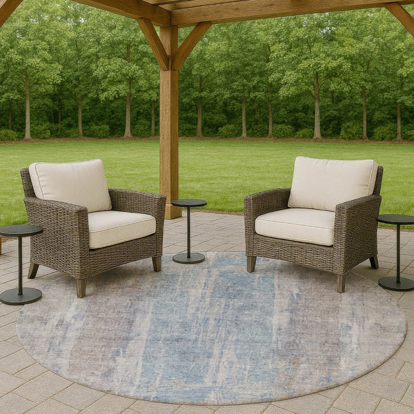HomeRoots 8' Round Abstract Beige and Blue Washable Area Rug for Indoor and Outdoor Living Spaces, Durable & Stylish 658659