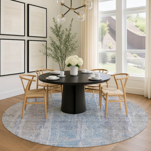 HomeRoots 8' Round Abstract Beige and Blue Washable Area Rug for Indoor and Outdoor Living Spaces, Durable & Stylish 658659
