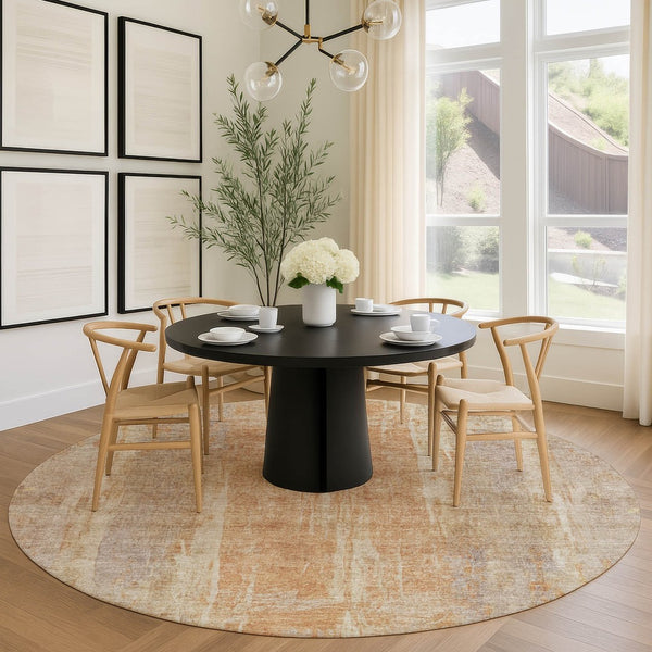HomeRoots 8' Khaki and Beige Round Abstract Area Rug - Durable, Washable, Stylish for Indoor and Outdoor Spaces 658665