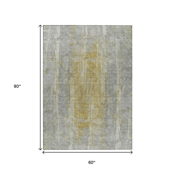 HomeRoots 5' Stylish Pewter and Gold Abstract Area Rug - Washable, Indoor/Outdoor, Stain-Resistant, Durable Design 658670