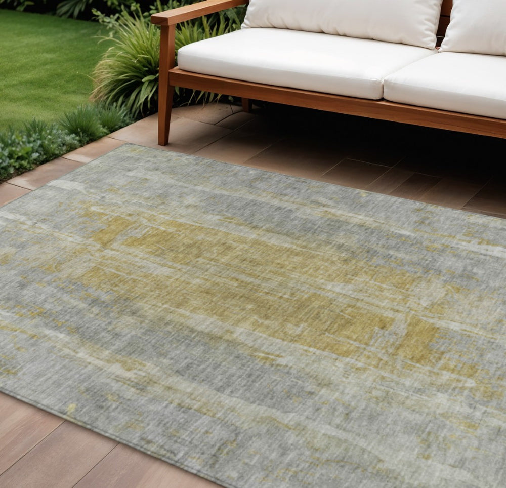 HomeRoots 8' X 10' Modern Pewter and Gold Abstract Area Rug – Durable, Washable, Stylish for Indoor & Outdoor Use 658672