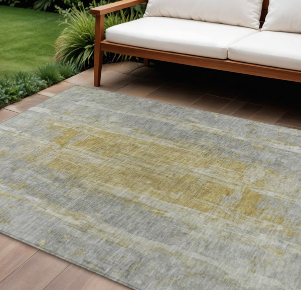 HomeRoots 10' X 14' Stylish Pewter and Gold Abstract Washable Area Rug for Indoor and Outdoor High Traffic Use 658674