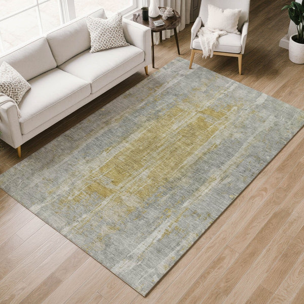 HomeRoots 10' X 14' Stylish Pewter and Gold Abstract Washable Area Rug for Indoor and Outdoor High Traffic Use 658674