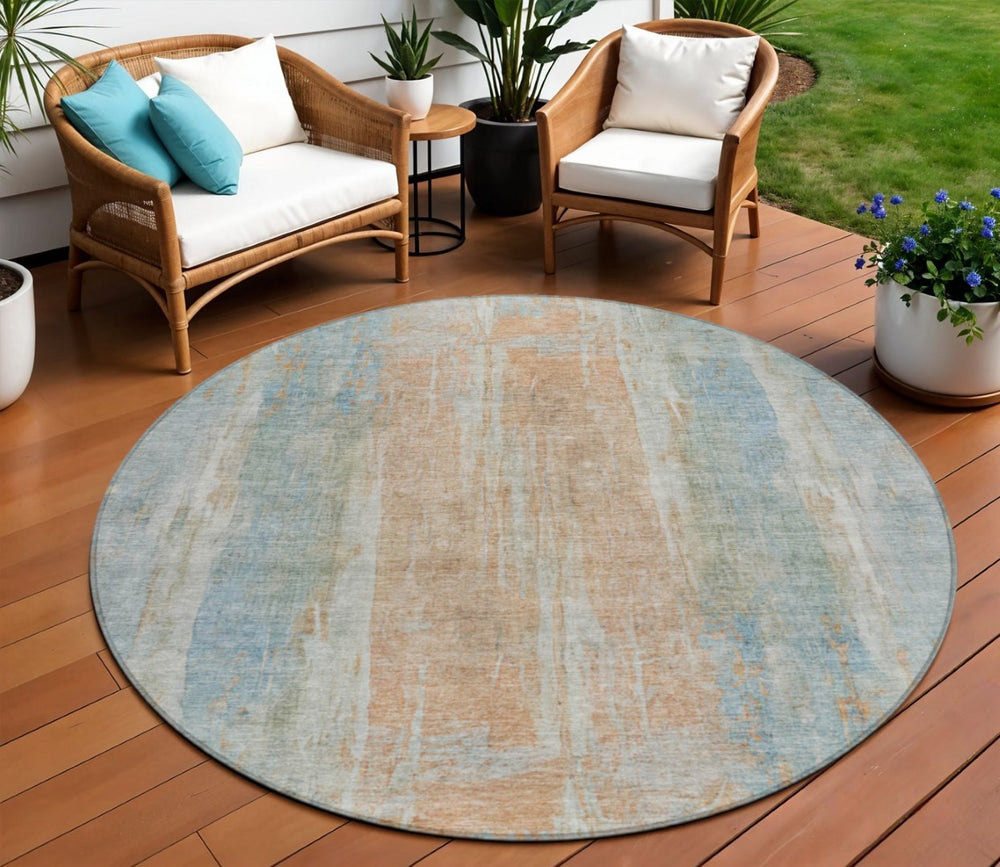 HomeRoots 8' Sky Blue & Copper Round Abstract Rug – Stylish, Washable, Indoor/Outdoor Decor for Every Space 658689